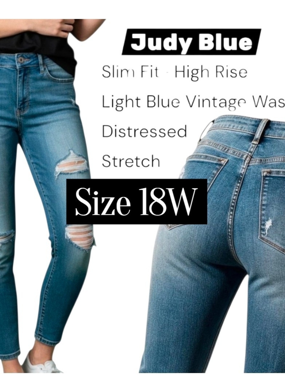 Judy Blue High-Rise Slim Fit Light Blue Distressed Jeans - Size 18W